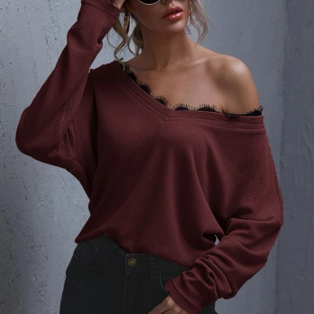 Eyelash Lace Trim Textured Knit Top